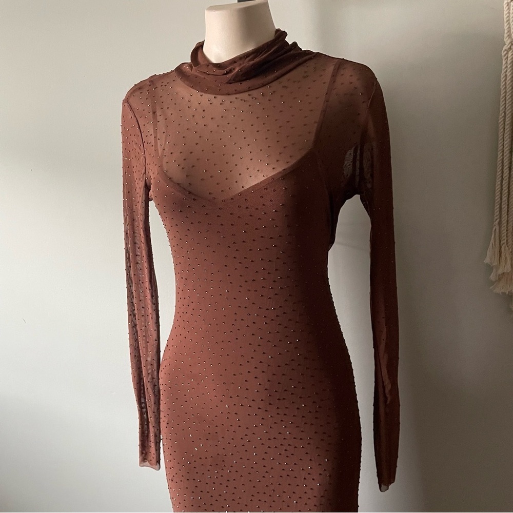 AFRM Shailene Rhinestone Turtleneck Dress Midi Embellished Mesh Brown Medium - Picture 4 of 11